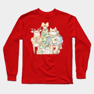 cute fox and deer with presents in front of christmas tree Long Sleeve T-Shirt